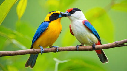 Fototapeta premium Two vibrant birds share a tender moment as they gently touch beaks while perched on a branch. The lush greenery around them enhances their colorful plumage, creating a serene atmosphere