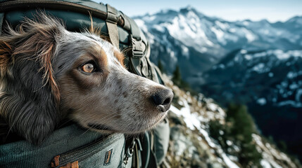 Close-up of dachshund peeking from hiking backpack on snowy mountain ridge, perfect for outdoor adventure, pet travel, nature exploration, and lifestyle visuals