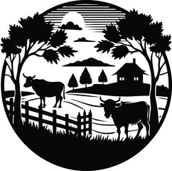 Silhouette Of Cattle Ranch Scene