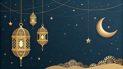 Fototapeta premium Dark Blue Background with Lanterns, Crescent Moon, and Starry Sky