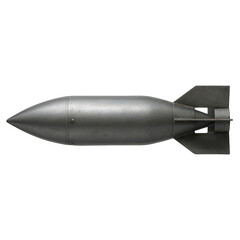 A detailed view of a large gray metal aerial bomb, a powerful weapon of war with a pointed nose and stabilizing tail fins.
