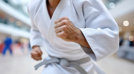 Close-up of judo athlete’s arm and fist in white gi during movement at training, perfect for martial arts, sports action, discipline, competition, and fitness visuals