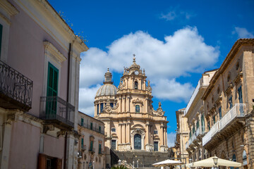 Fototapeta premium Facade of the duomo di San Giorgio in Ragusa, Sicily, Italy, in the square of the duomo with its typical staircase