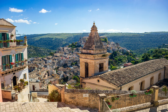 View of the old town of Ragusa called Ibla, with the tower of the Church of Santa Maria della Scala, in Sicily, Italy