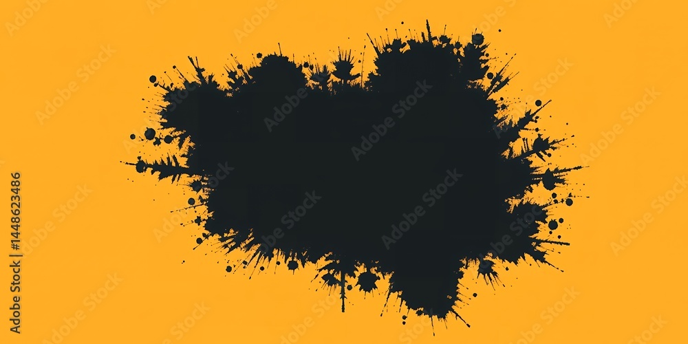 Poster a black ink splatter on a yellow background creating an abstract artistic design element