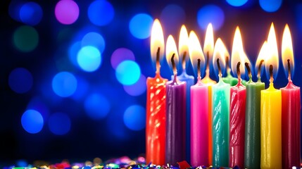 Colorful Birthday Candles Glowing Brightly Against a Blue Bokeh Background