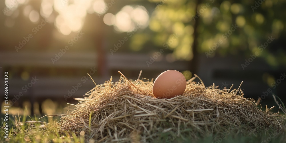 Poster a delicate egg rests on a bed of straw in a serene outdoor setting. soft sunlight filters through tr