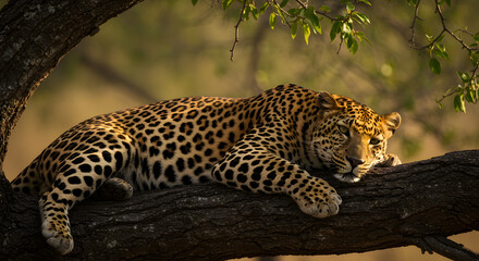 Obraz premium Majestic Leopard Resting on a Branch in the Golden Hour Light