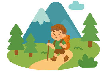 A boy hiking in the mountains vector illustration. Cartoon nature scene with trees, path and smiling child explorer. Perfect for travel, adventure and kids projects