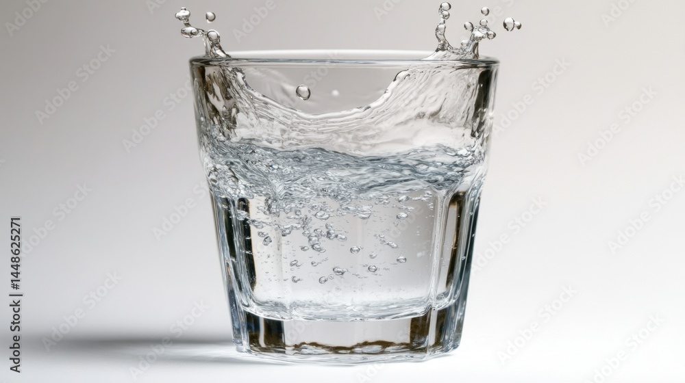 Poster captivating close up shot of a glass with splashing water against a clean white background showcasin