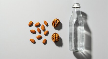 Assorted nuts and a glass bottle on a minimalist background  
