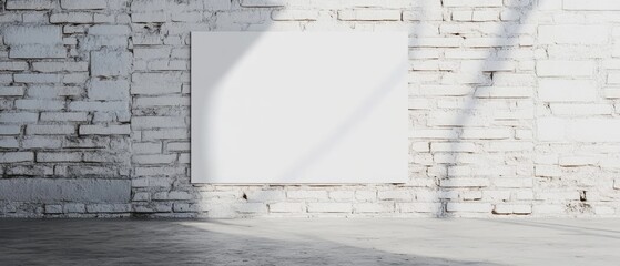 Blank canvas mockup hanging on a white brick wall with shadows from a window.