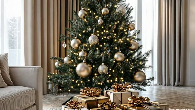 Elegant christmas living room with decorated tree and gifts underneath