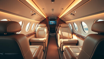 The interior cabin of a private jet features spacious leather seats arranged for comfort, warm ambient lighting, and large windows for a view. Perfect for travel in style