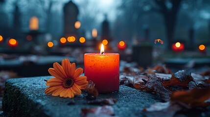 Autumn Remembrance Candle & Flower at Cemetery
