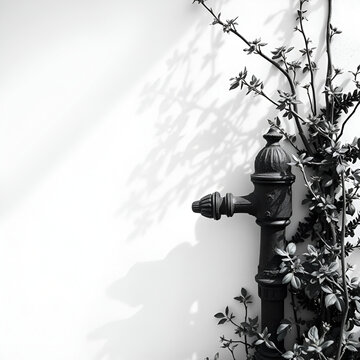 Hydrant noir sur mur blanc