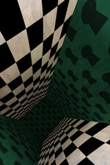 The wonderland room. Background of green walls and a chess floor. Mad Tea party. Colorful background for photo shoots and parties	
