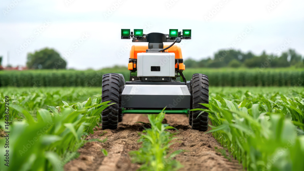 Poster a robotic agricultural vehicle navigates rows of crops in a field, showcasing advanced technology in