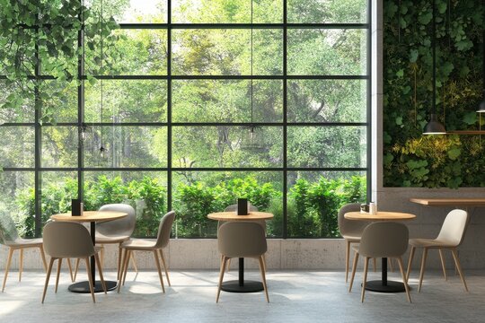 Contemporary cafe featuring panoramic window and stylish seating for relaxed dining experience, Contemporary Cafe with Panoramic Window and Seating, seamless ing background
