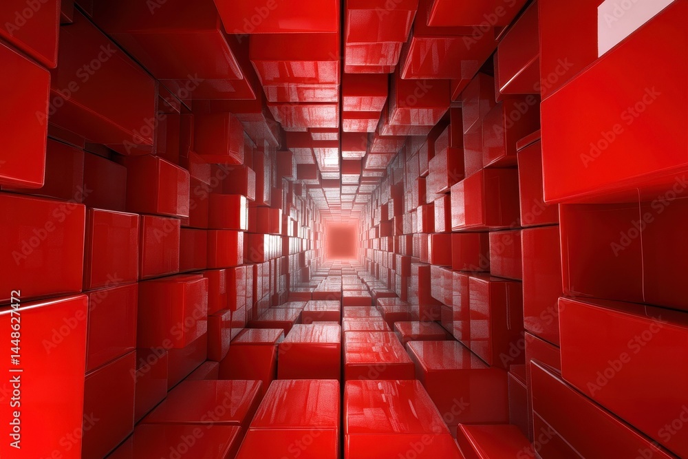 Poster vivid red tunnel composed of smooth, wide blocks creating a seamless visual experience, 3d tunnel sp