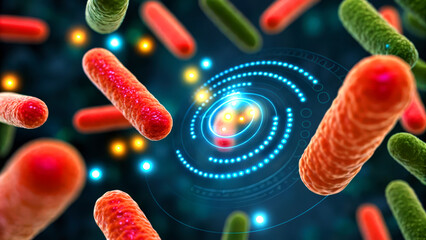 A vibrant digital illustration of bacteria, showcasing various shapes and colors against a dark background with abstract scientific elements.