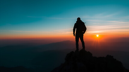 Silhouetted hiker standing atop a rugged mountain peak gazing out at the vast awe inspiring landscape as the sun sets contemplating their strategic vision and bold ambitions for the future