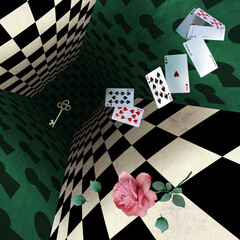 The wonderland room. Flying furniture, playing cards, cups, watches, keys and more on the background of green walls and a chess floor. Mad Tea party. Colorful background for photo shoots and parties