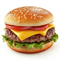 A mouthwatering classic cheeseburger with sesame seed bun, juicy patty, melted cheese, fresh tomato slices and crisp lettuce