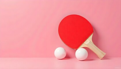 ping-pong racket and white balls on pink background with copy space