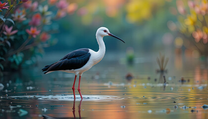 Naklejka premium A white stork stands gracefully in a calm pond, its reflection visible in the water. Surrounding vegetation blooms with bright colors as the sun rises, creating a serene atmosphere