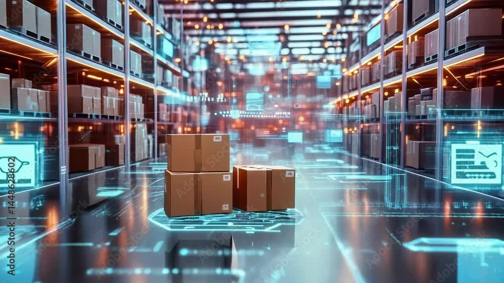Poster a futuristic warehouse with cardboard boxes and a hightech digital interface on the floor enhancing 