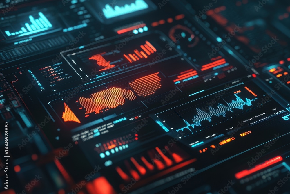 Aufkleber futuristic digital interface displaying glowing red and blue data analytics in a high tech environme