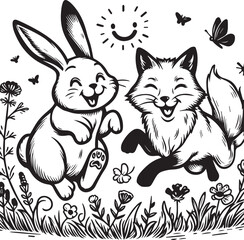 Friendly Rabbit and Fox Playfully Flying Through Fields. A whimsical black and white illustration of a rabbit and a fox joyfully flying through a field of flowers.