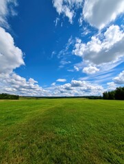 Obraz premium Expansive green meadow under a bright blue sky dotted with fluffy white clouds on a sunny day showcasing nature's beauty and tranquility in a serene landscape