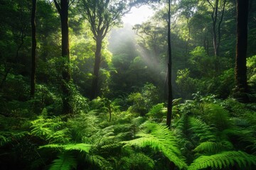 Obraz premium Vibrant green foliage and sunlight filtering through trees in Tasmania's rainforest, Australian rainforest green vegetation Tasmania nature landscape