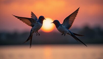 Fototapeta premium Swallows soar gracefully against the backdrop of a stunning sunset, their wings spread wide. The colorful sky reflects on the tranquil lake below, creating a serene atmosphere