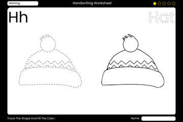 Trace Letter H. Cozy Hat Coloring Page for Kids. Printable Vocabulary Builder. Educational Vector Worksheet