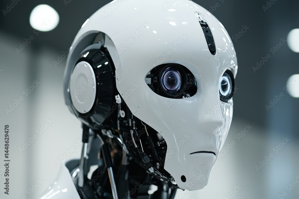 Poster closeup view of futuristic robot showcasing advanced technology and design, closeup robot, the techn