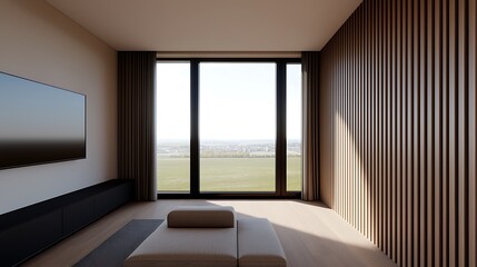 Modern Interior View with Large Window Overlooking Open Green Field and Minimalist Furniture Design.