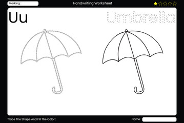  Trace Letter U. Useful Umbrella Coloring Page for Kids. Printable Vocabulary Builder. Educational Vector Worksheet