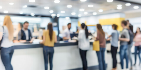 Blurred image of a diverse group of people standing in line at a modern service counter, illustrating waiting, customer service, and busy environments