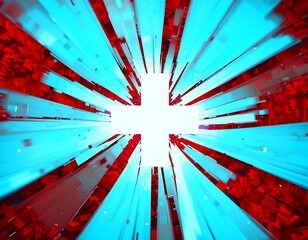 Radiant Swiss Cross with Cyan and Red Digital Light Beams
