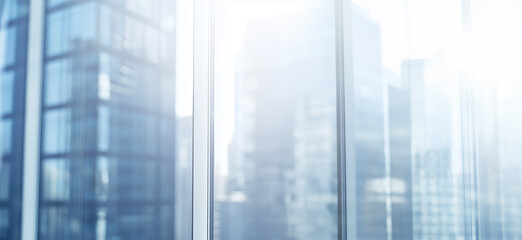 Bright and minimal cityscape view through office windows with reflections and soft blur, evoking modern corporate ambiance and future opportunities