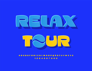 Vector Travel icon Relax Tour with Creative Emblem. Summer Yellow Font. Awesome Digital Alphabet Letters and Numbers.