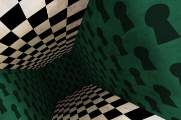 The wonderland room. Background of green walls and a chess floor. Mad Tea party. Colorful background for photo shoots and parties	
