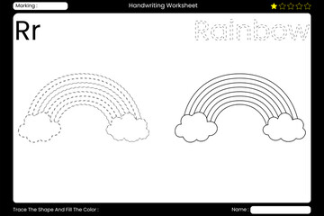 Trace Letter R. Radiant Rainbow Coloring Page for Kids. Printable Vocabulary Builder. Educational Vector Worksheet