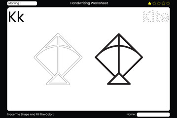 Trace Letter K. Colorful Kite Coloring Page for Kids. Printable Vocabulary Builder. Educational Vector Worksheet