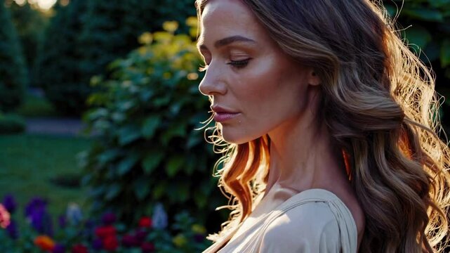Elegant woman in backless dress at sunset in blooming garden