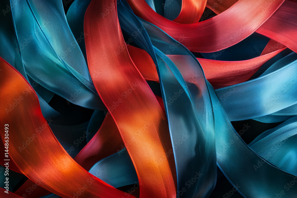 Aufkleber Abstract image of flowing teal and orange ribbons, creating a dynamic and textured pattern, showcasing elegance and fluidity, ideal for design or branding projects