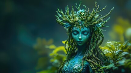 Mystical forest nymph, serene and ethereal.  Detailed figure adorned with nature-inspired crown and moss-covered hair